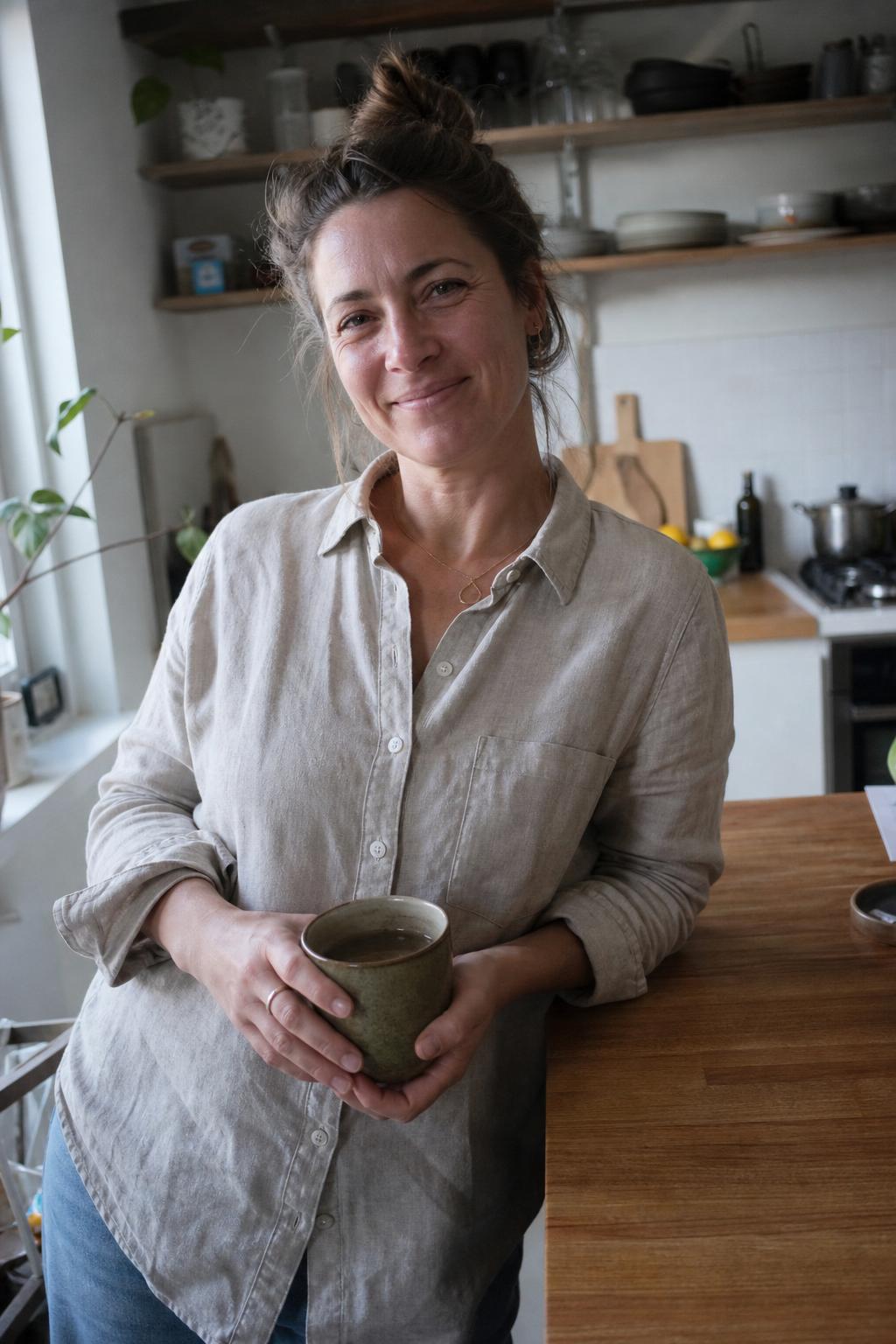 Afvallen Zonder Tellen , de maker van Afvallen Zonder Tellen, in een rustige keuken met verse kruiden